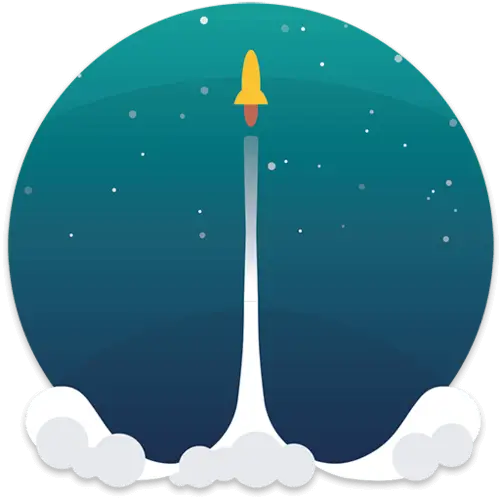 A round image of a starry sky with a yellow rocket soaring straight up
