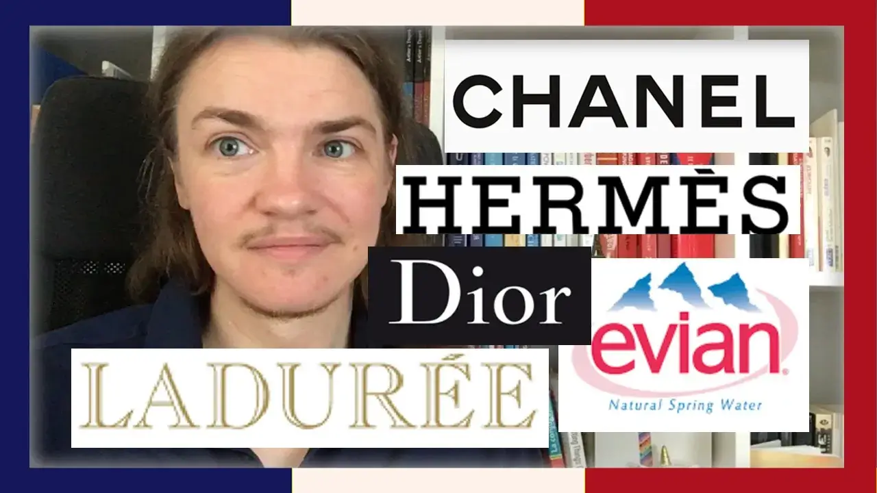 Author Angel Pretot is looking at the camera, surrounded by French brand logos: Ladurée, Dior, Evian, Hermes, Chanel