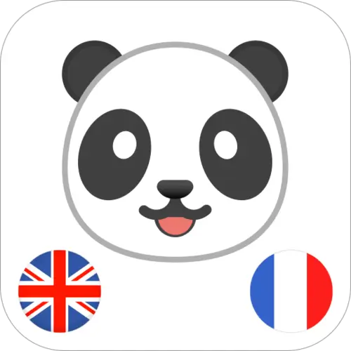 A white box with a cartoon panda face and circular images of the British flag and French flag