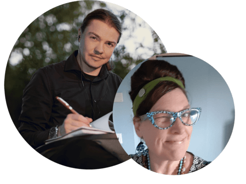 Two portraits of Angel Pretot and Linda Unger in circle shaped images. They are smiling and looking at the camera.