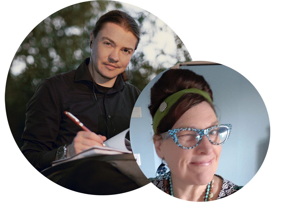 Two portraits of Angel Pretot and Linda Unger in circle shaped images. They are smiling and looking at the camera.