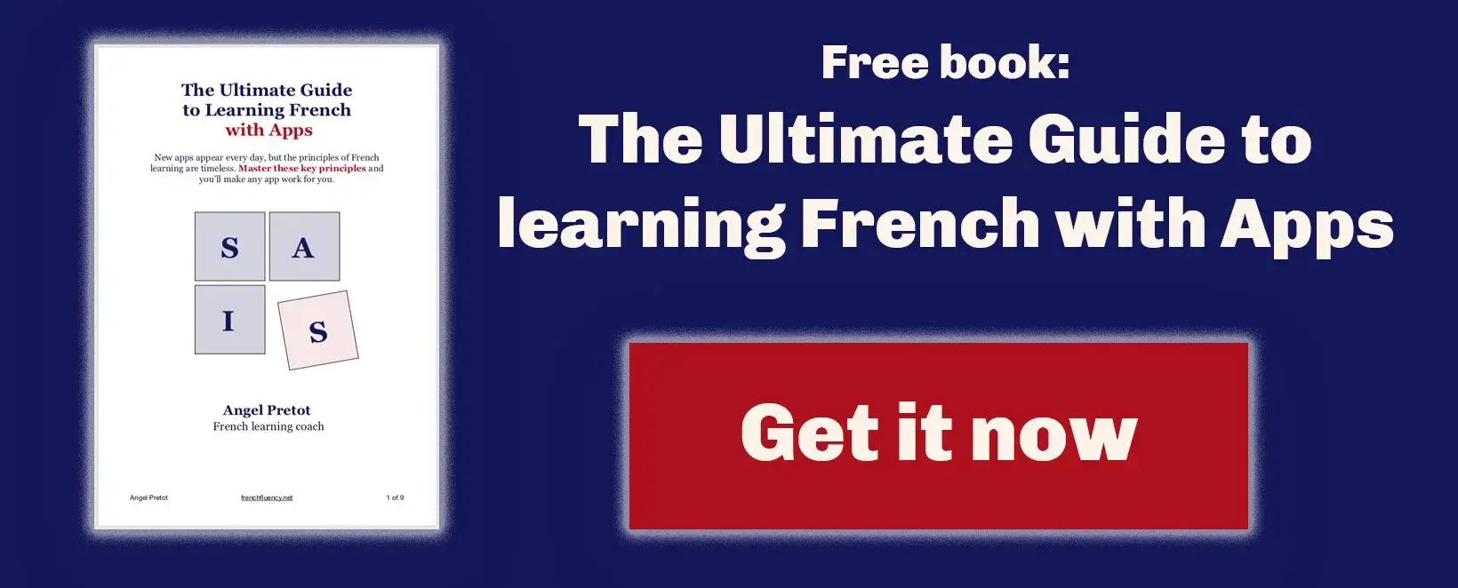 A blue banner with a picture of the Ultimate Guide To Learning French with Apps and a red button
