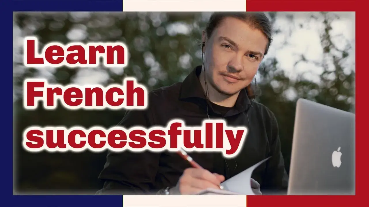 A portrait of Angel Pretot, sitting in nature with his laptop, looking at the camera and using  a pen and notebook with his right hand. The words Learn French successfully in red outlined in white at left