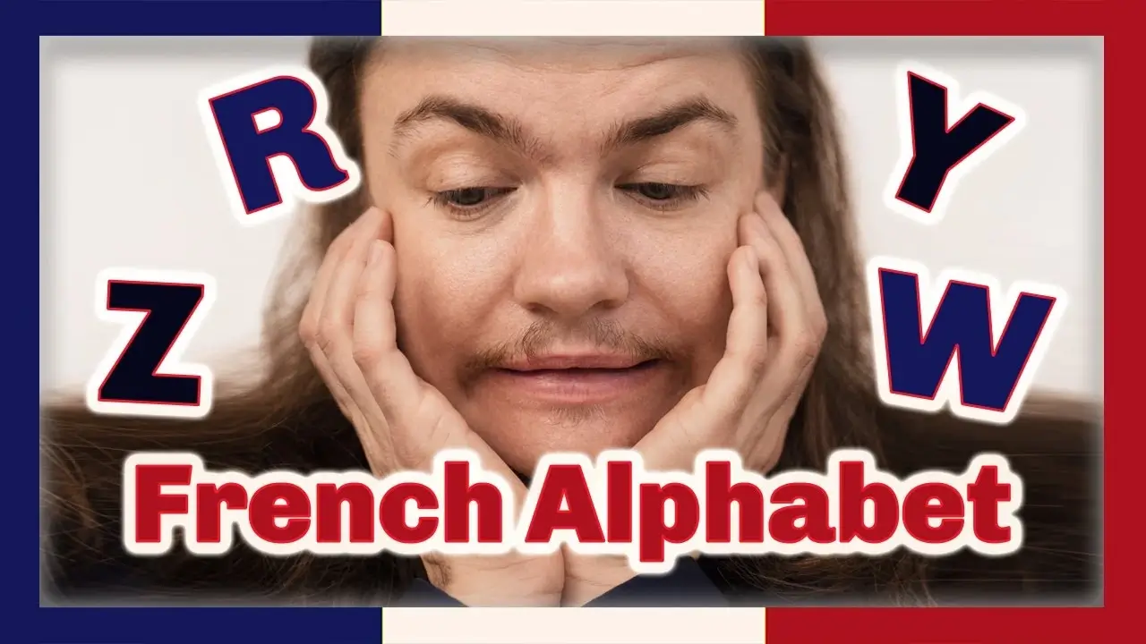 Angel Pretot holds his head in his hands and looks down at the words French Alphabet in red outlined in white.  The letters R Z Y W are in blue scattered on either side