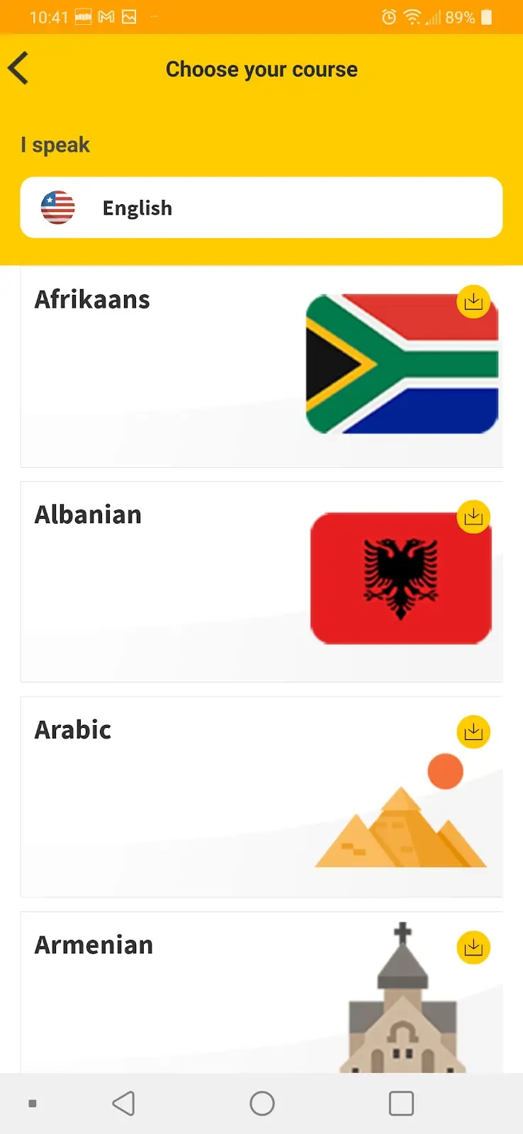A screenshot of the Ling app language list showing the first four languages
