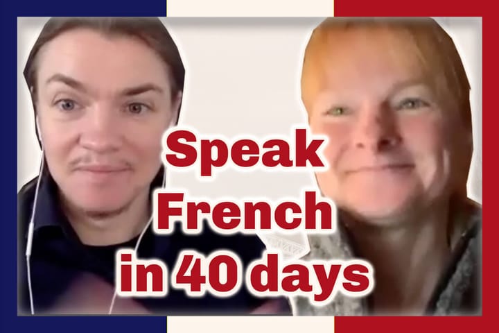 Angel Pretot and student Beth look at the camera. the words Speak French in 40 days in red with white outline in center
